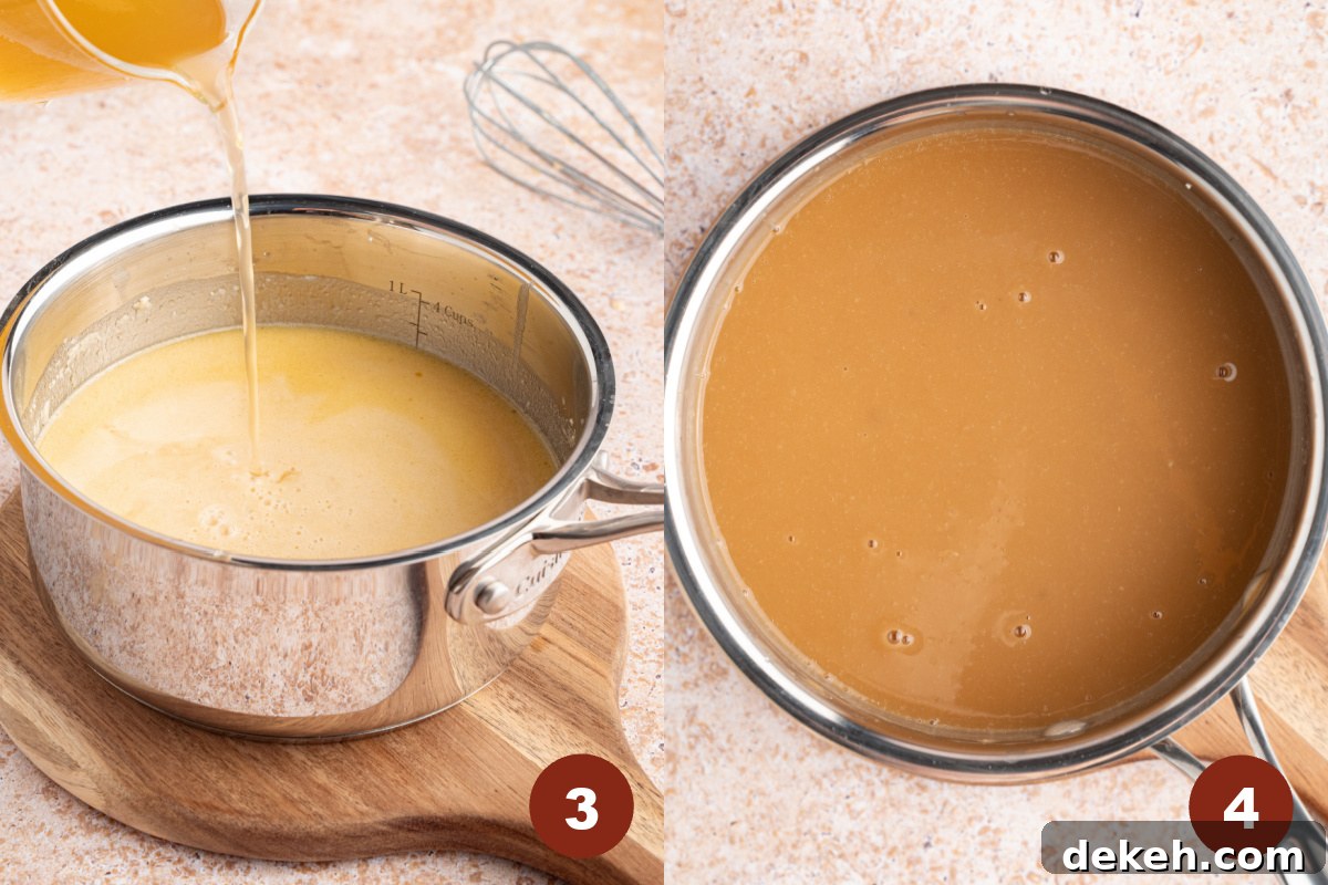 Pouring in the stock into the saucepan and the mixture in the pan after heating on the stove for a bit.