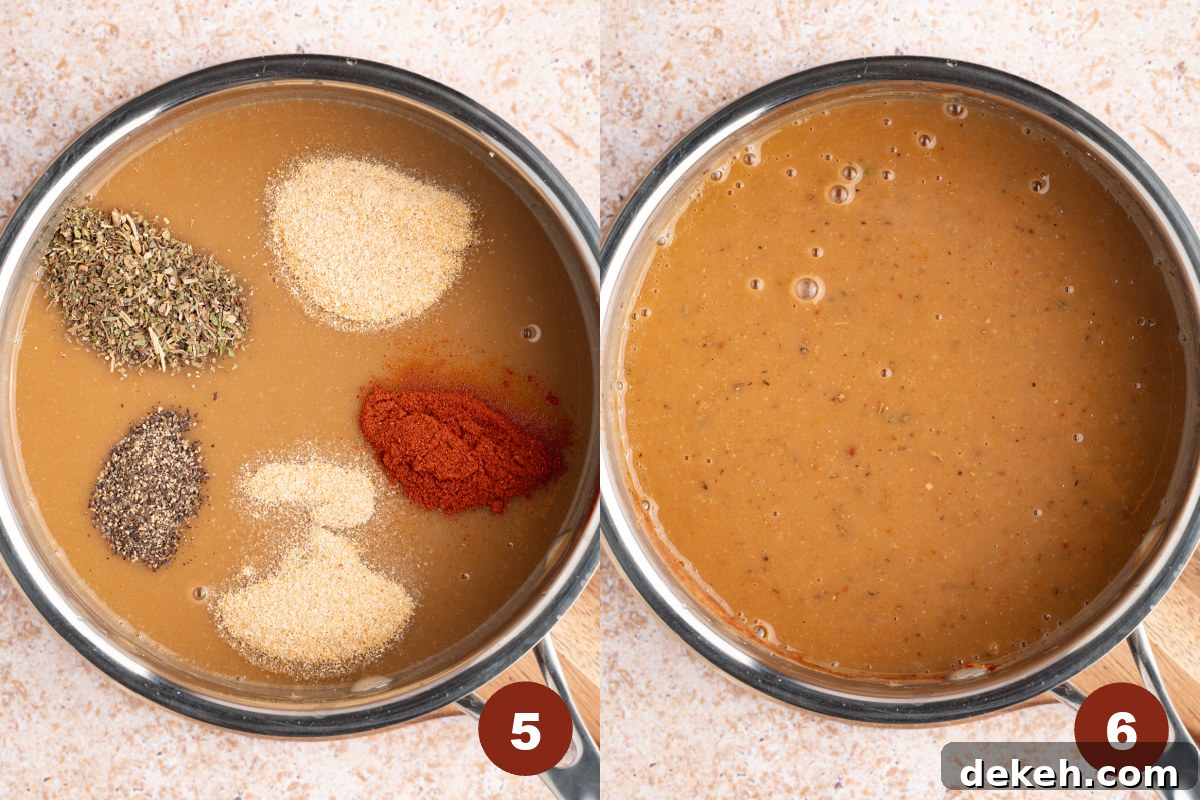 The spices in the pan with the gravy before cooking everything down on the stove.