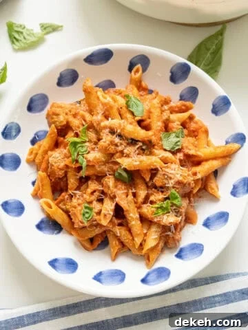 Pink sauce with penne on a plate.
