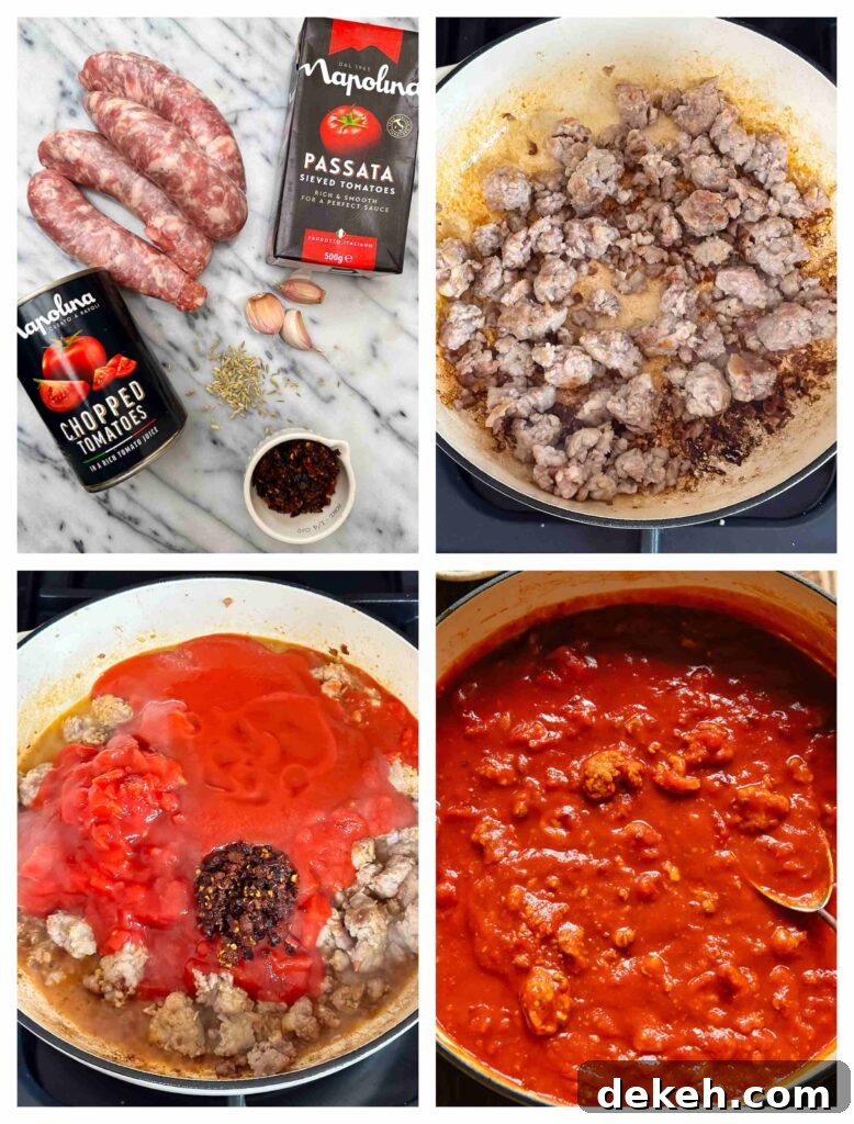 Process shots of sausages being cooked then added to tomato sauce