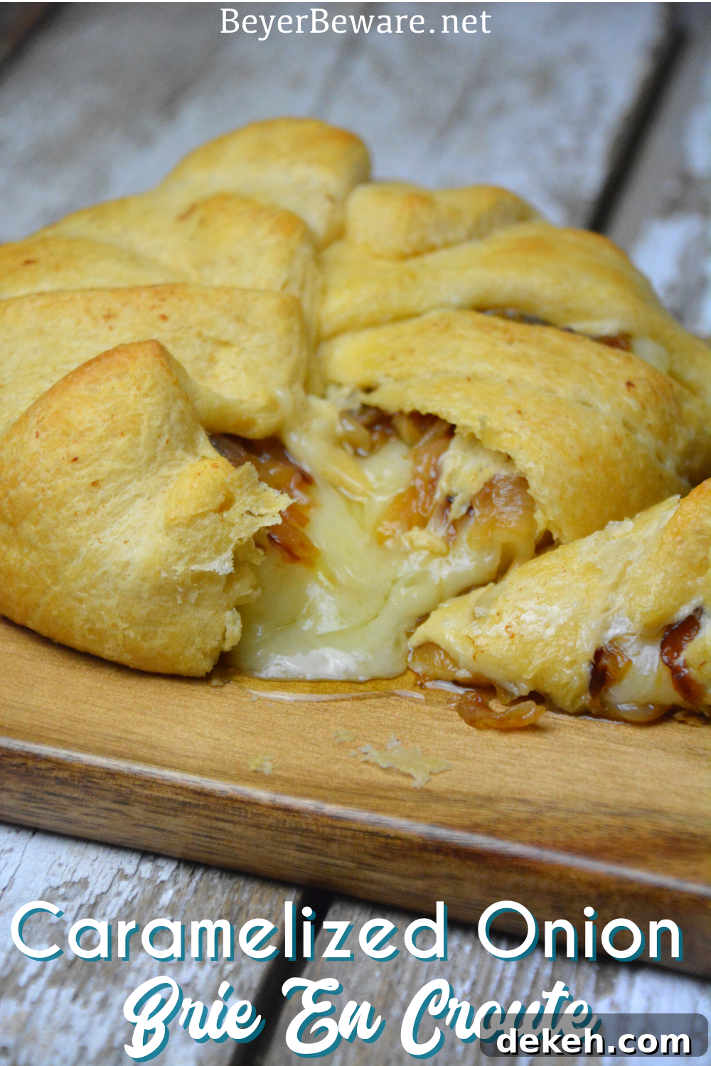 Caramelized onion baked brie crescent round is a simple brie en croute recipe made with caramelized onions and brie for a baked brie recipe.