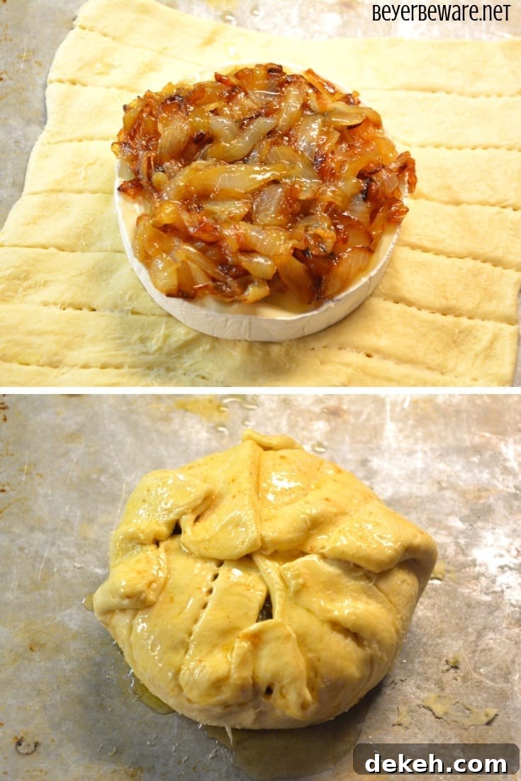 Caramelized onion baked brie crescent round is a simple combination of butter and onions browned until caramelized and piled into a brie round wrapped in crescent rounds.