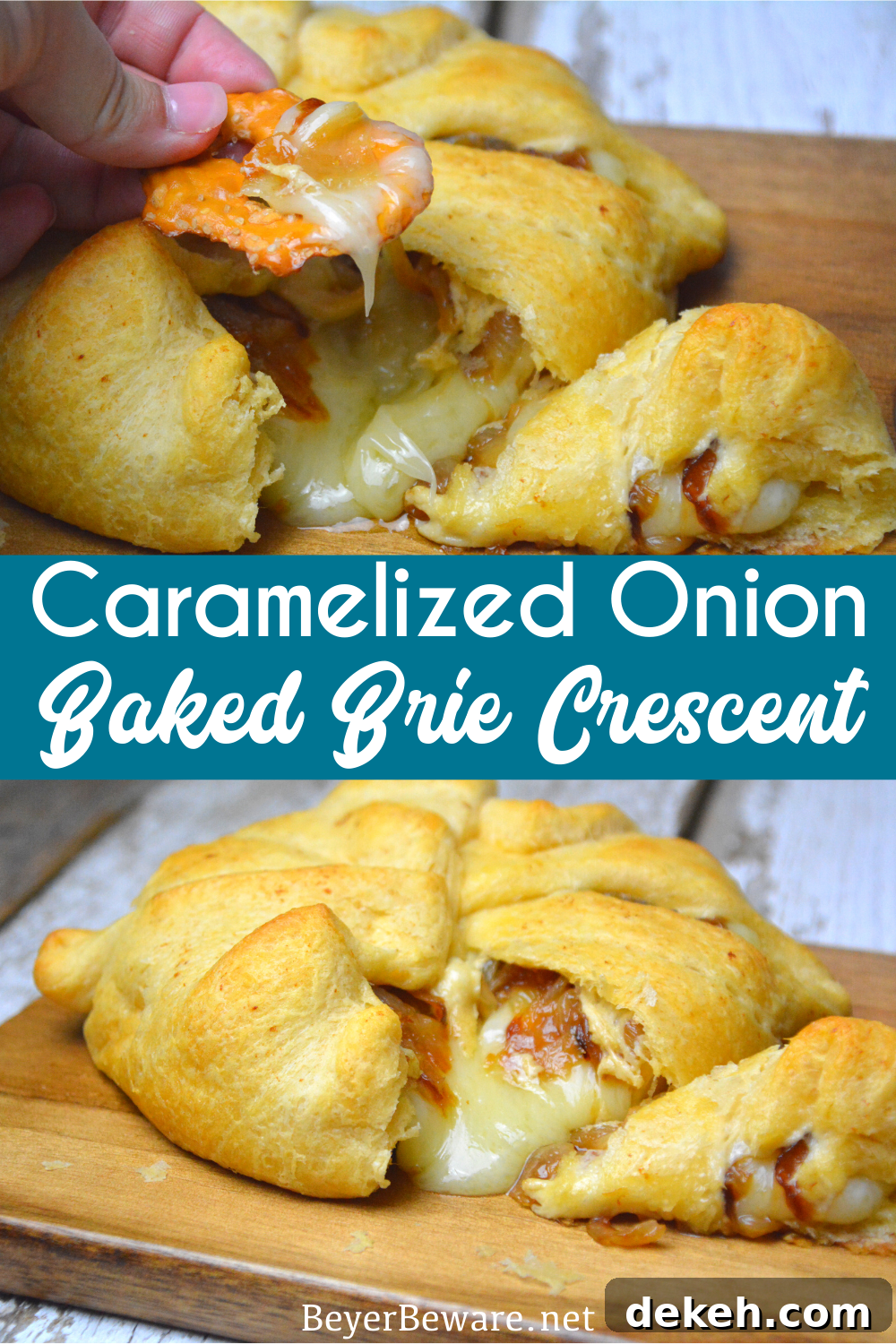 Caramelized onion baked brie crescent round is a simple brie en croute recipe made with caramelized onions and brie for a baked brie recipe.