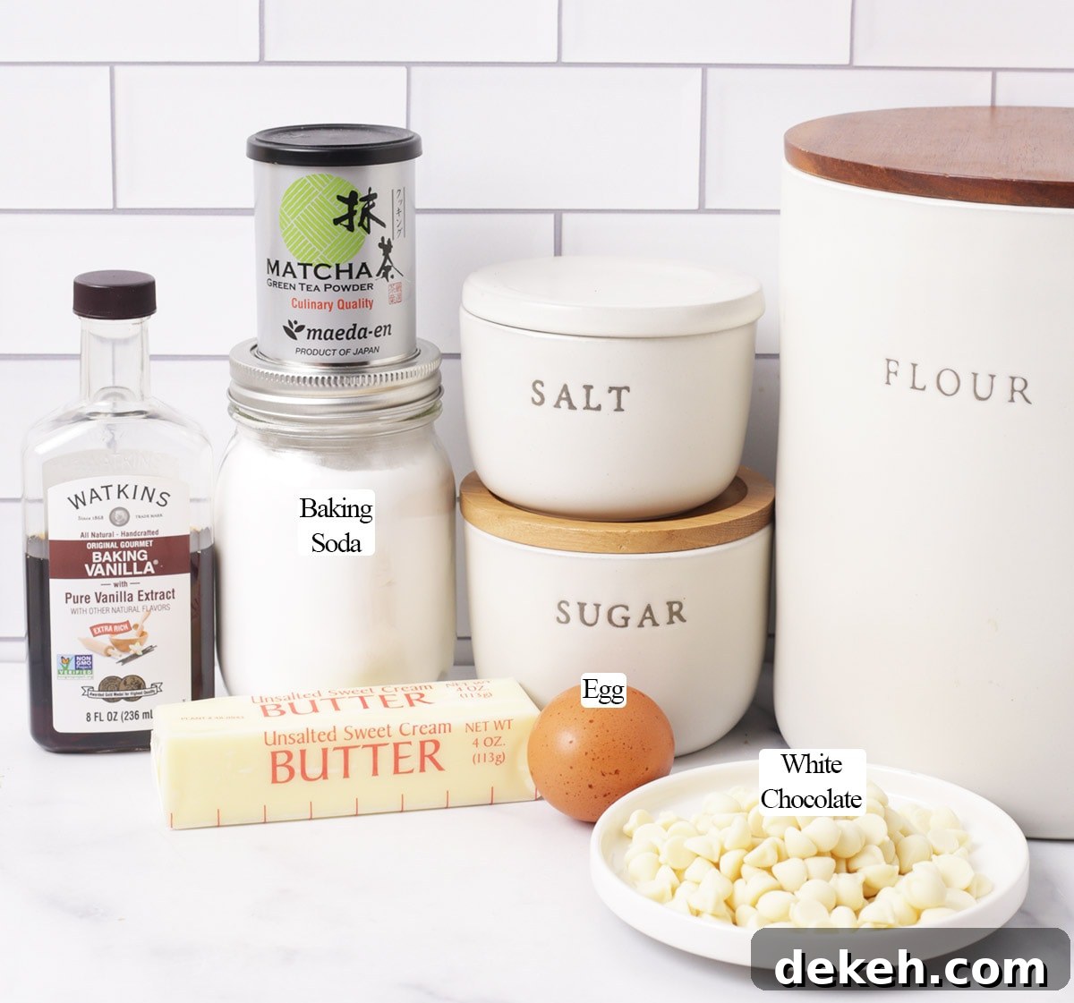 Ingredients for matcha white chocolate cookie.