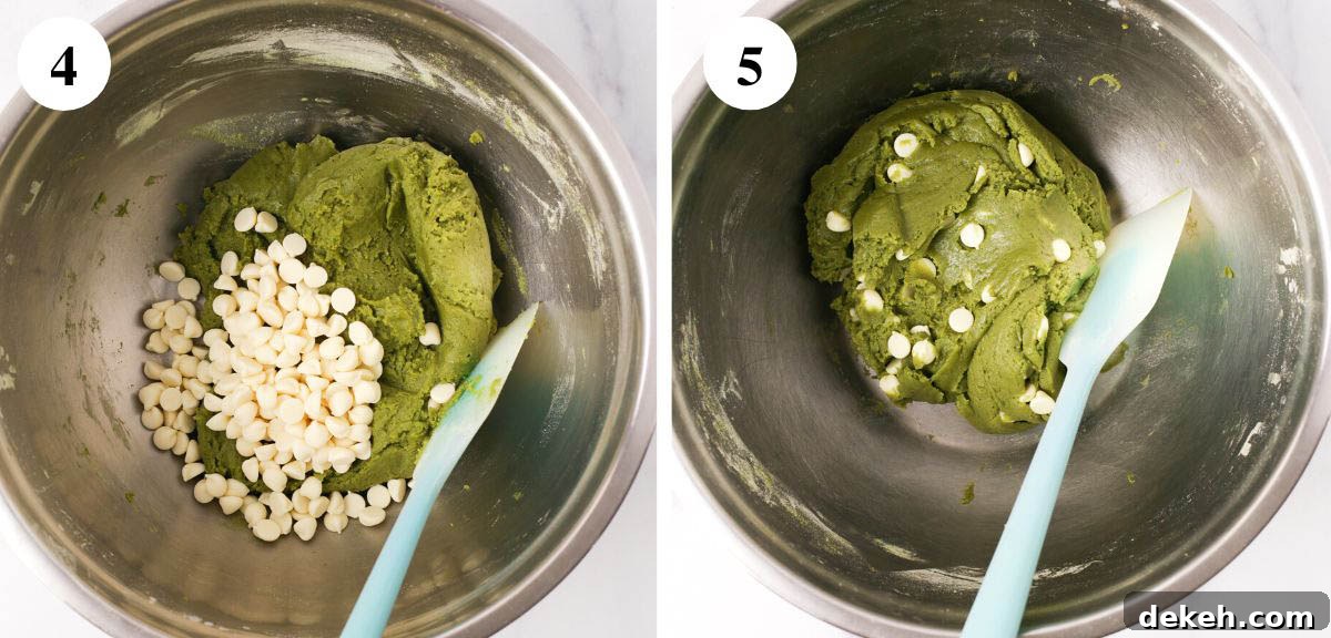 Steps of adding white chocolate to the matcha cookie batter.
