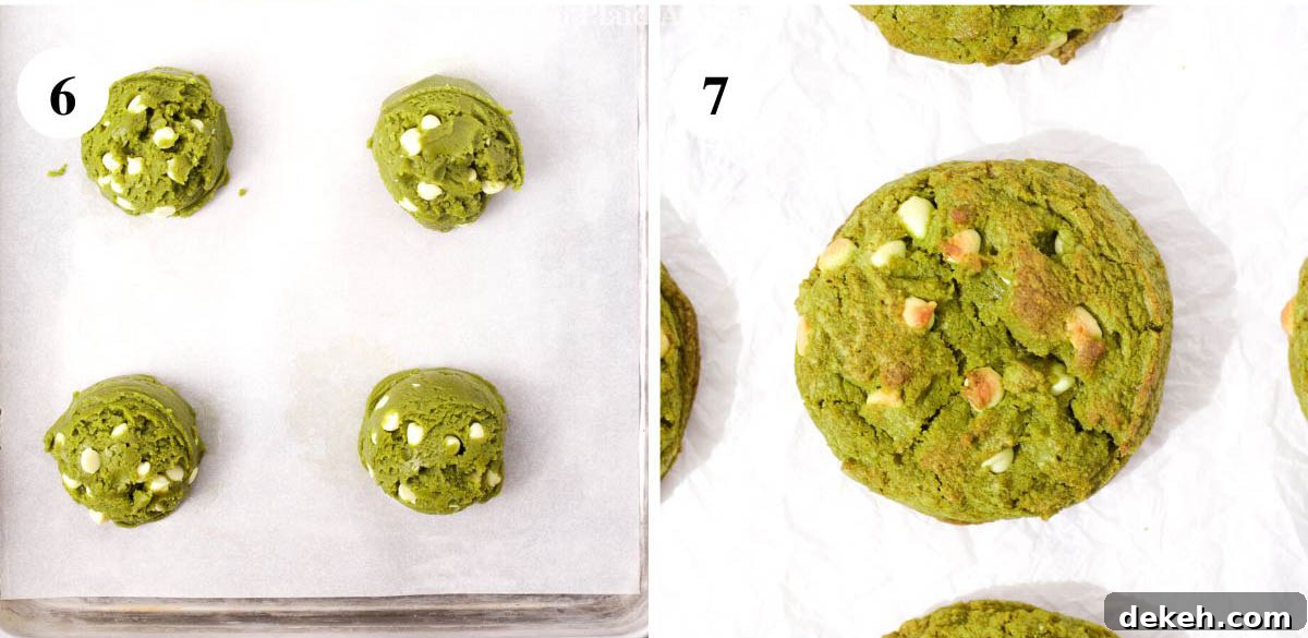 Steps on how to portion and bake matcha white chocolate cookies.