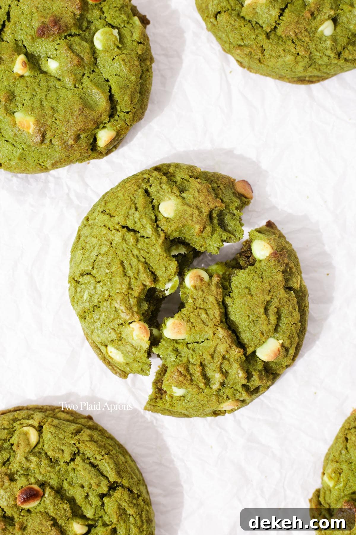 Top down of matcha white chocolate cookie on tray.
