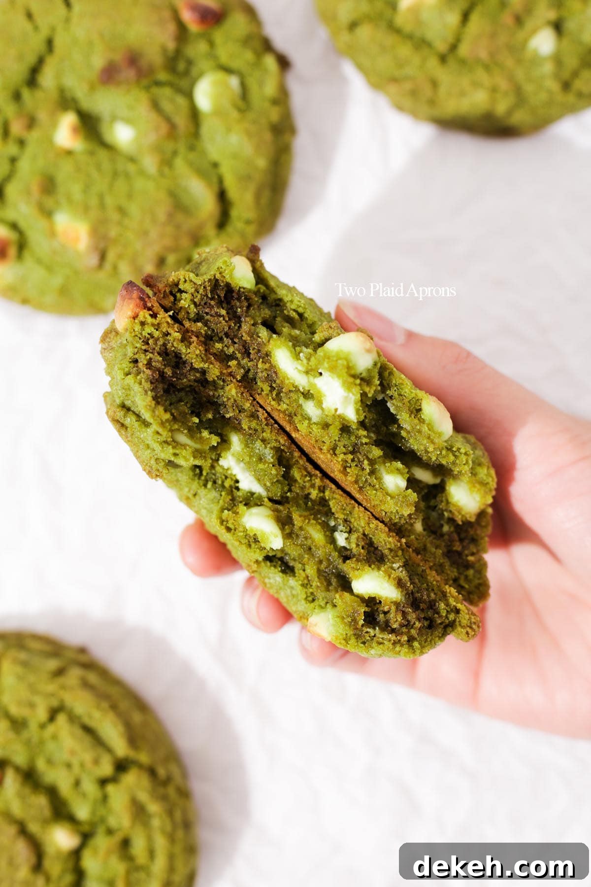 Showing the inside of the matcha white chocolate cookie.