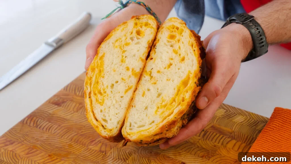 No knead cheese bread loaf cut in half.