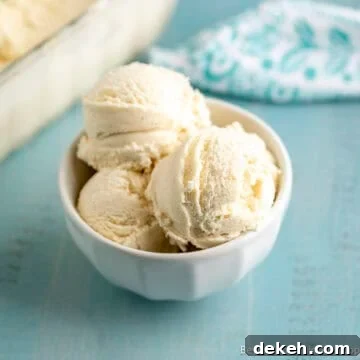 A bowl filled with scoops of homemade vanilla ice cream.