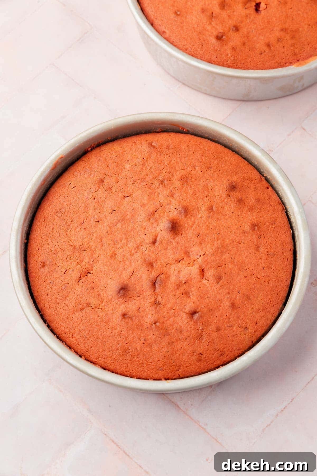 Baked strawberry cake in a round cake pan.