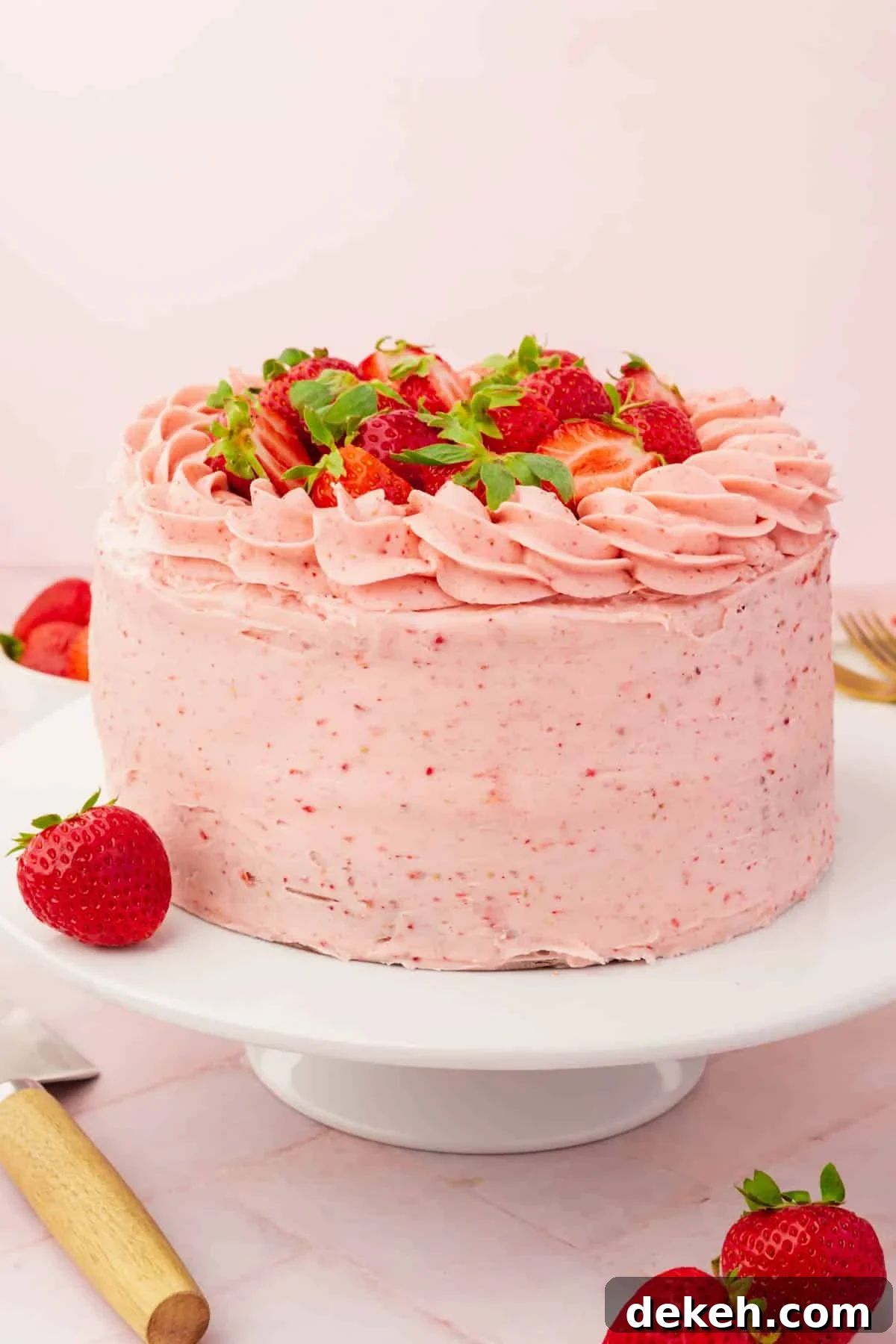 A whole gluten-free strawberry cake on a white cake stand on a pink table.