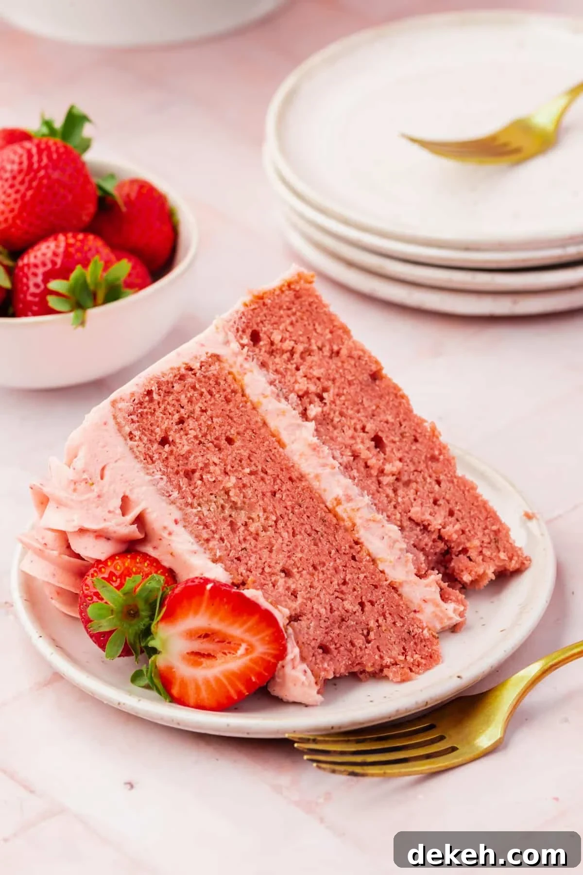 A slice of gluten-free strawberry cake on a plate with fresh strawberries next to a gold fork.