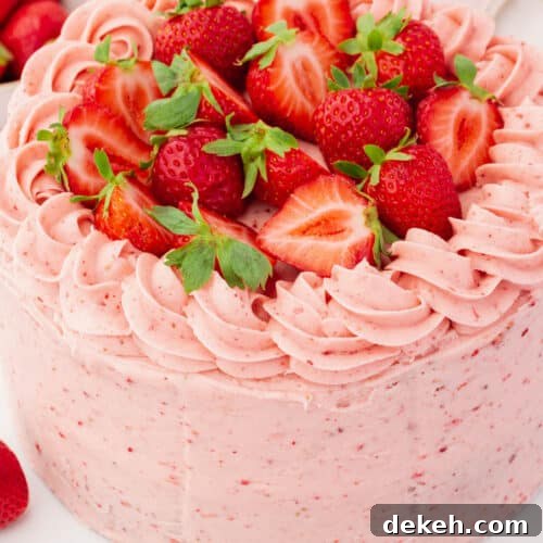 A whole uncut gluten-free strawberry cake frosted with strawberry buttercream piping and halved strawberries.