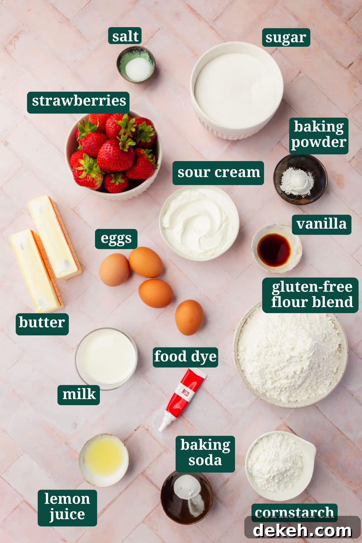 An overhead view of ingredients in small bowls to make gluten-free strawberry cake with text overlays over each ingredient.