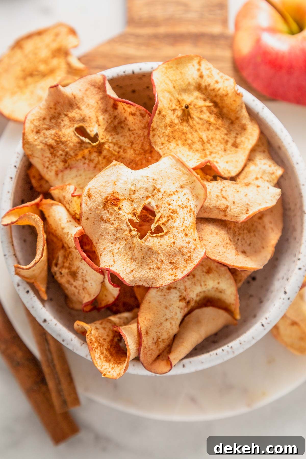 air fryer apple chips on a bowl.