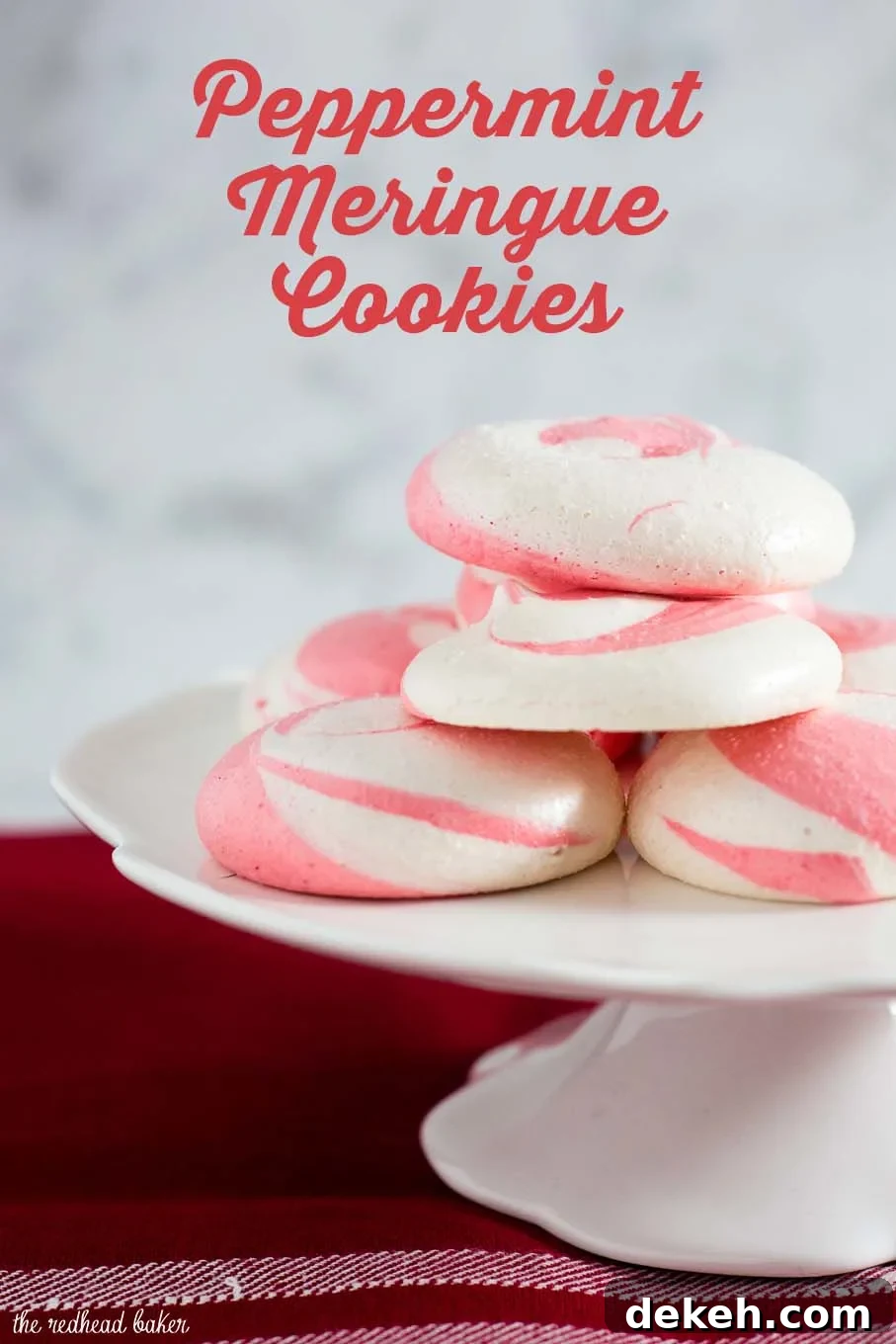 Beautiful swirled peppermint meringue cookies are a festive addition to your holiday party dessert tray! Bonus: they're naturally fat-free! #SundaySupper