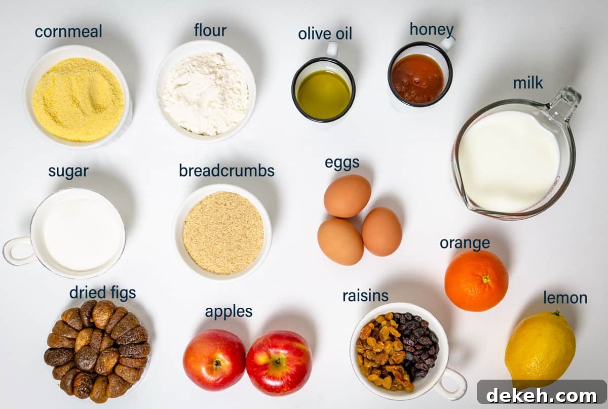 Ingredients for the cornmeal cake including eggs, sugar, apples, citrus, and dried fruit.