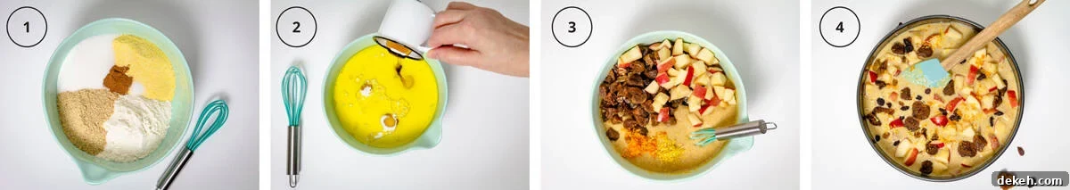 Four steps to making the polenta cake with a bowl of dry ingredients, adding the wet, mixing it with apples and figs, and ready to bake.