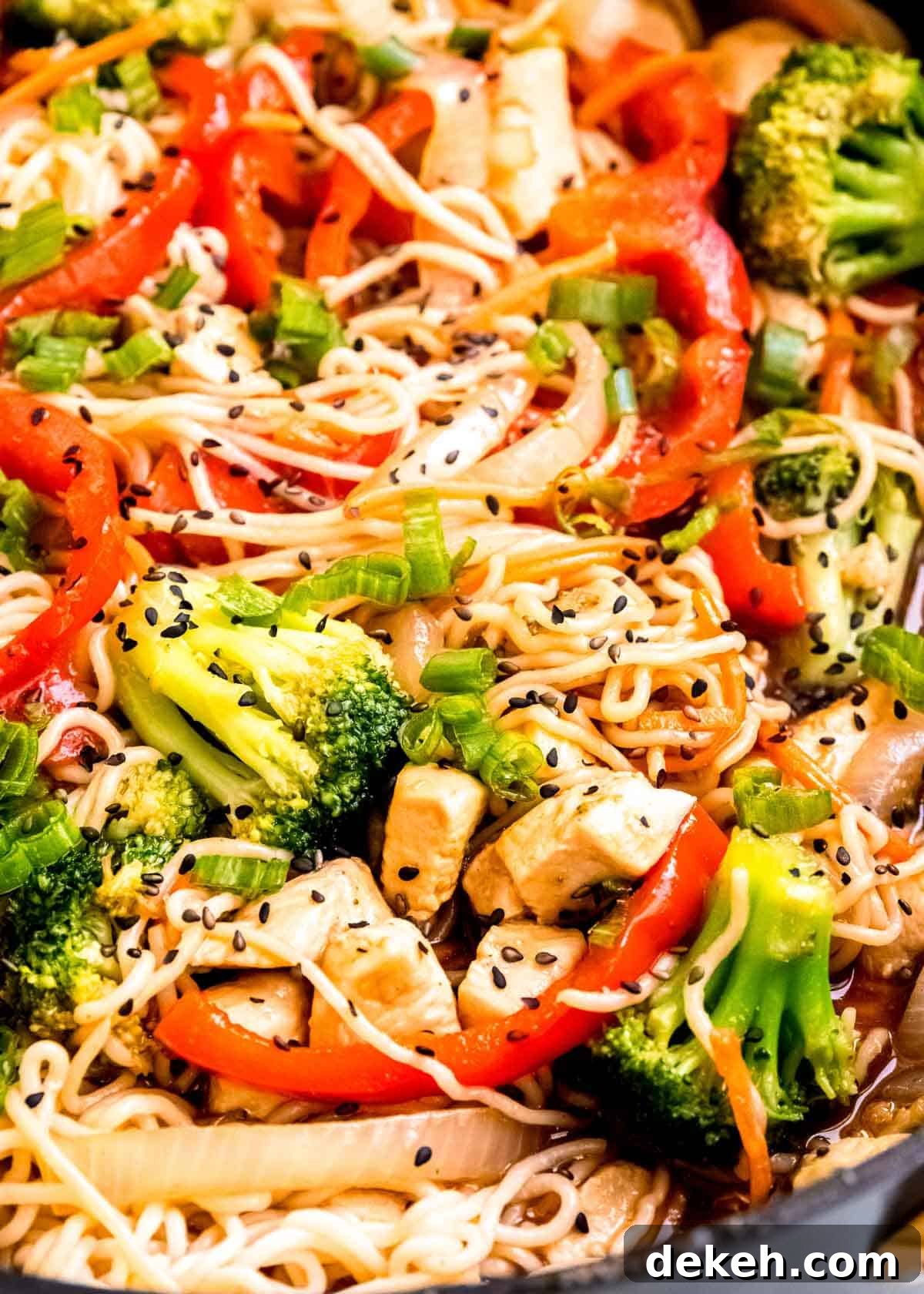 closeup view of stir fry with shirataki noodles, vegetables, chicken, and a delicious sauce