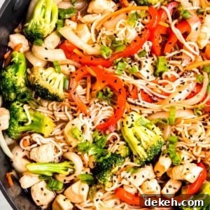 a large skillet filled with broccoli, red bell pepper, onion, chicken, and shirataki noodles for a quick 30-minute stir fry