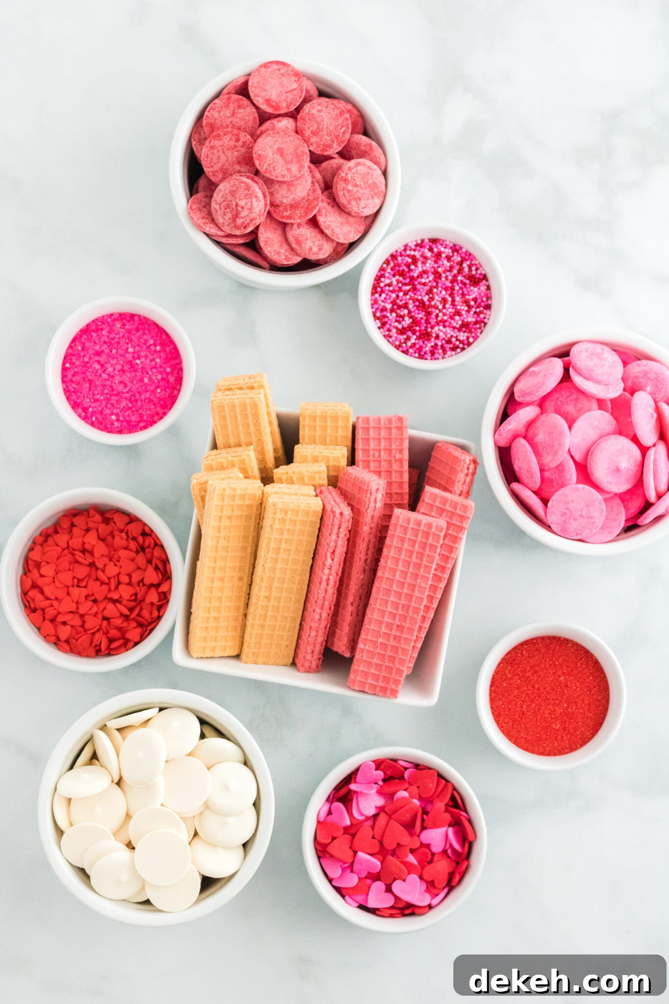 valentine sugar wafer cookies ingredients on a marble table