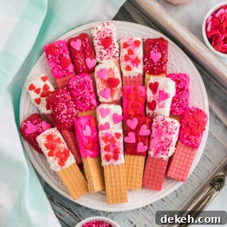 Valentine Sugar Wafer Cookies topped with sugar hearts and sprinkles