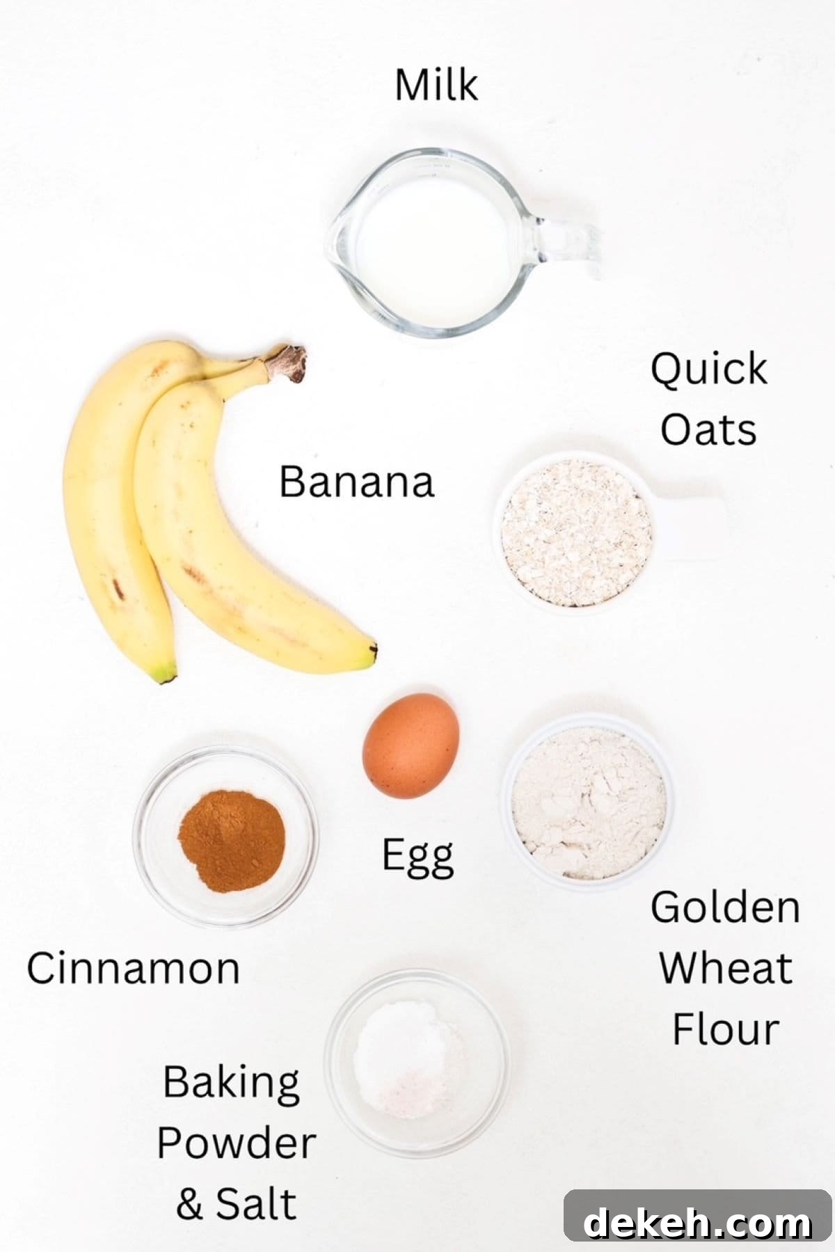 Mini banana pancake ingredients, labeled.