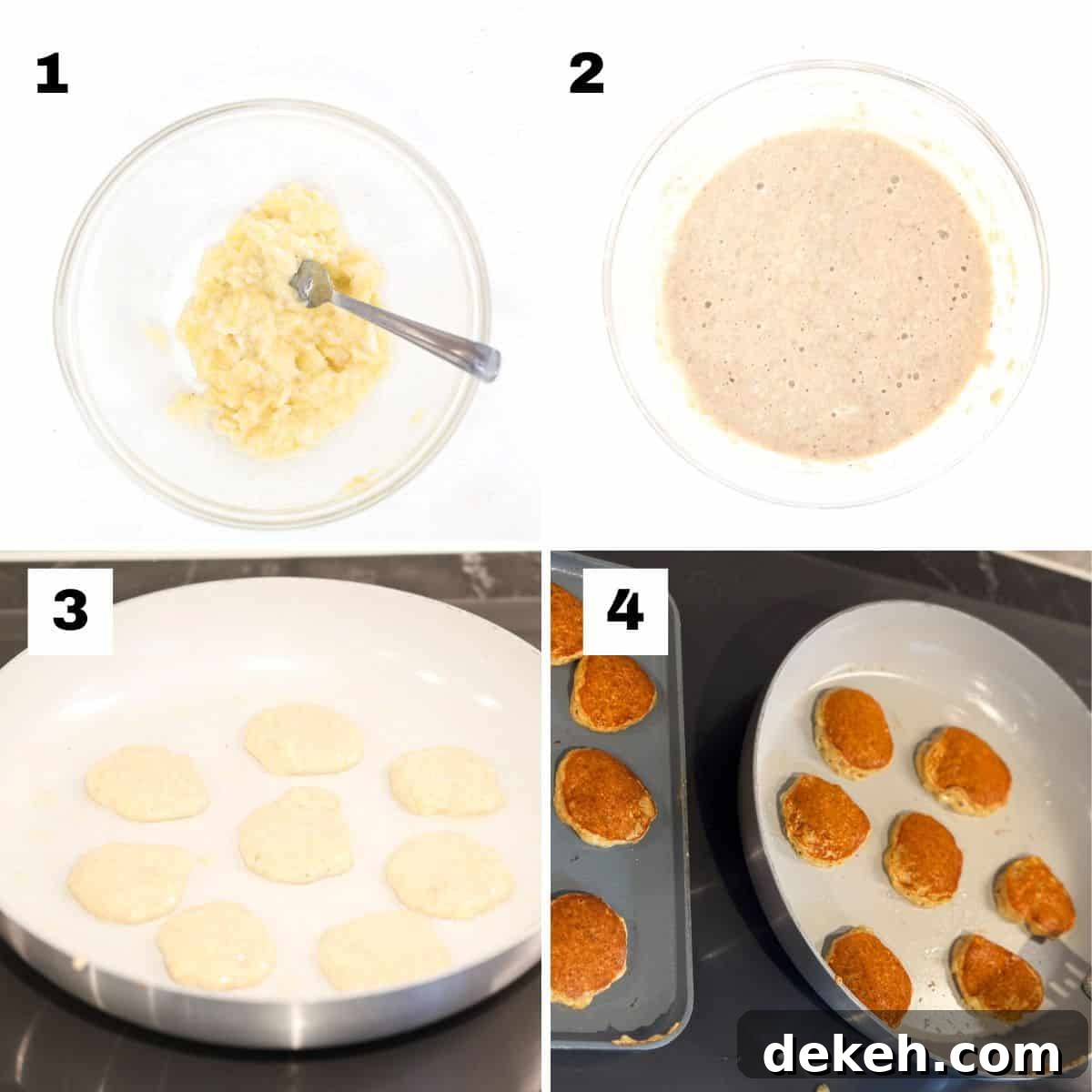 Four numbered images showing how to make mini banana pancakes.