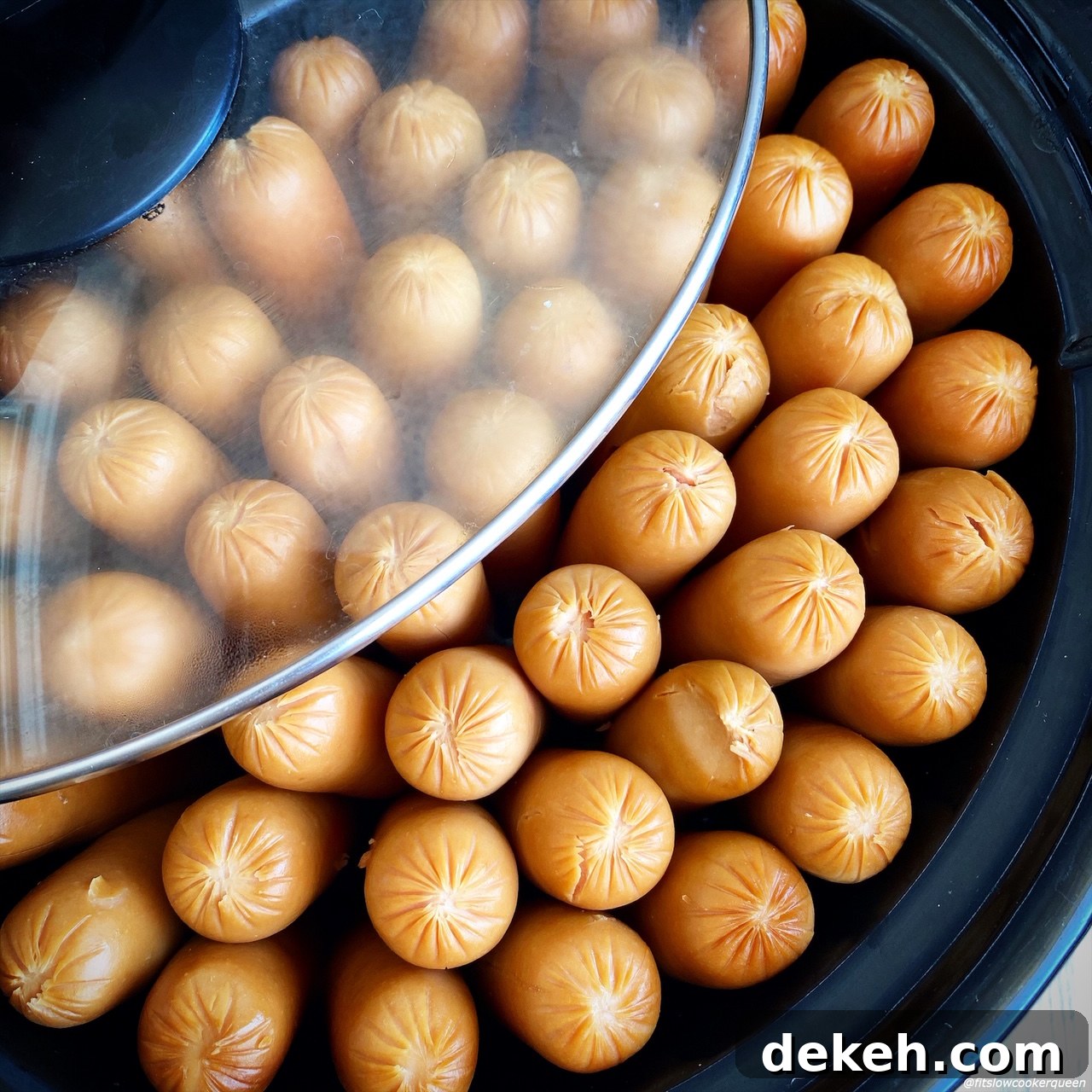 overhead shot of hot dogs in a black slow cooker