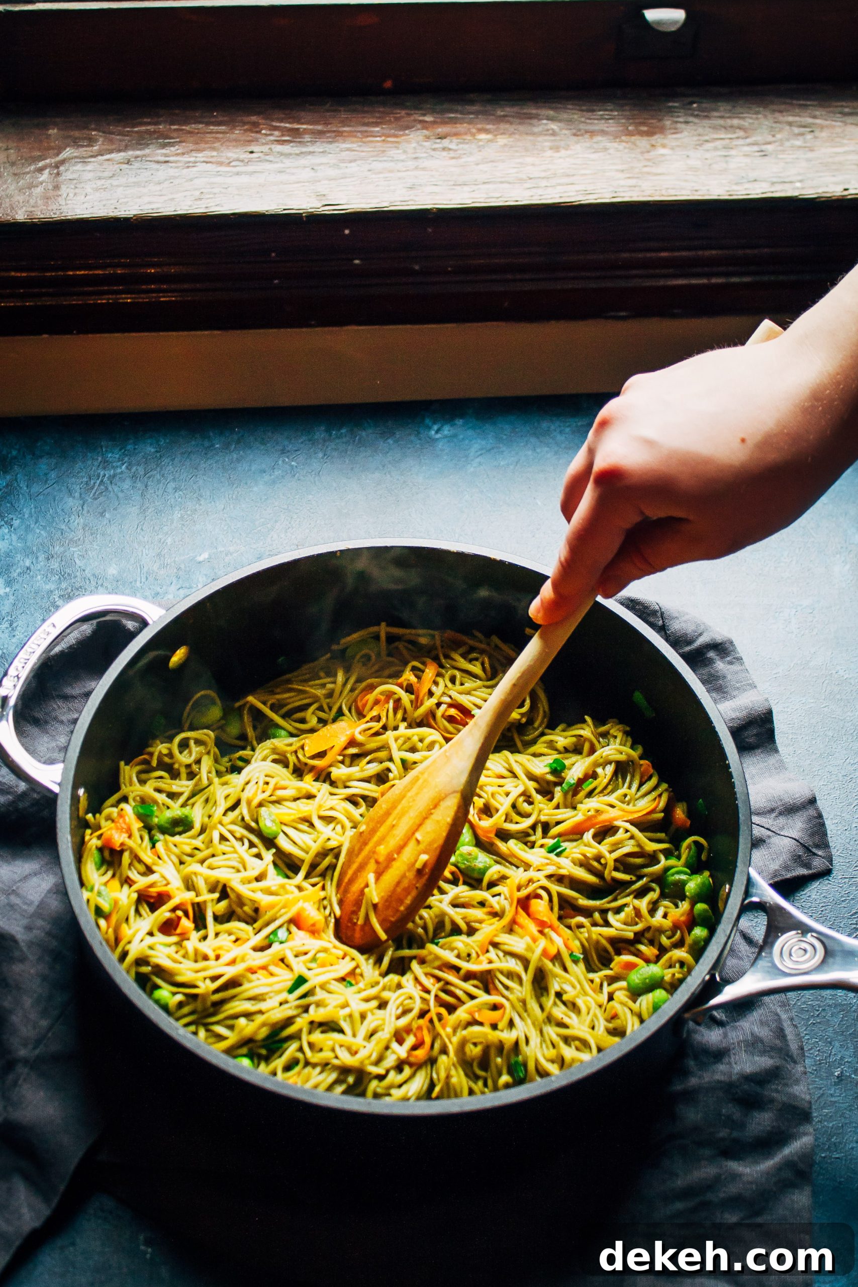 Spicy Green Tea Noodles + Le Creuset Giveaway! | Well and Full | #vegan #recipe #giveaway