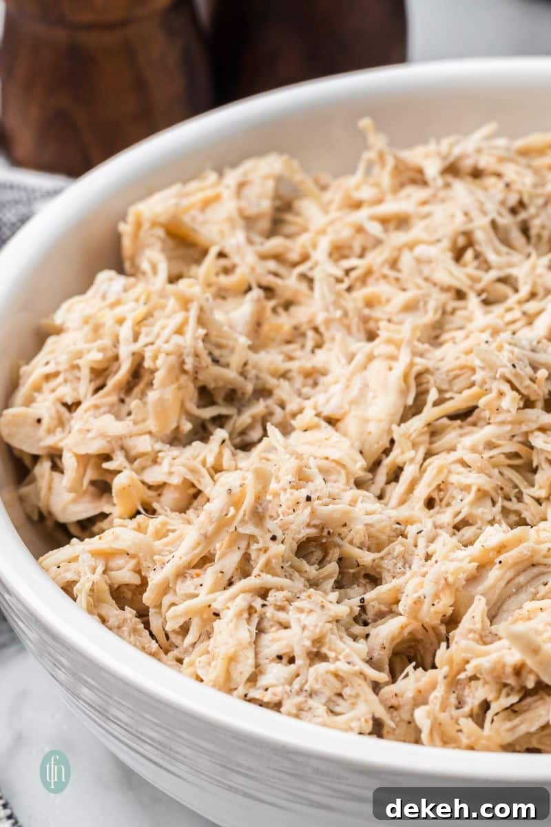 A bowl of shredded chicken.