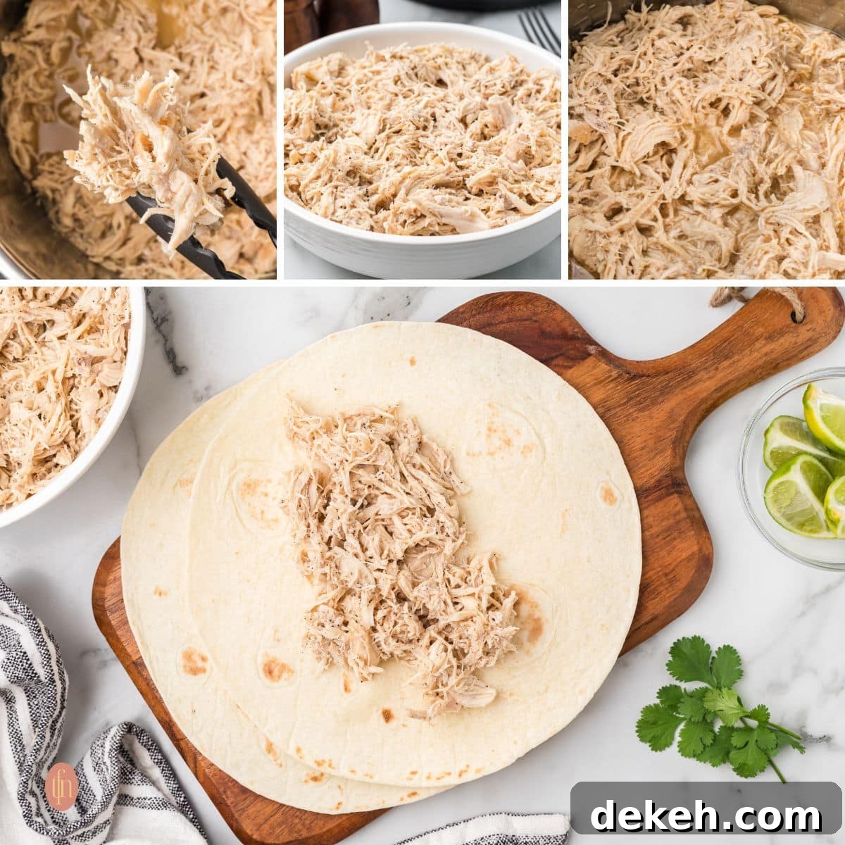 A collage of 4 shredded chicken images.