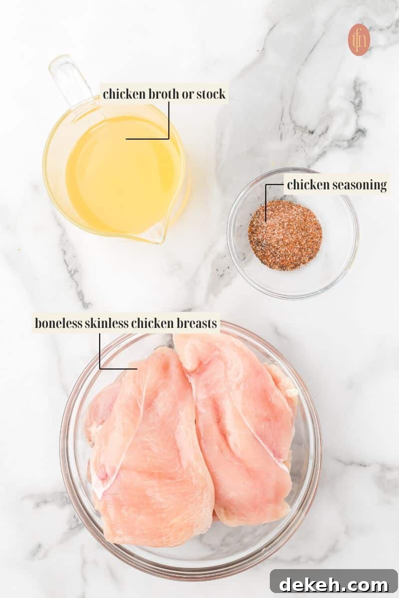 Labeled ingredient image for shredded chicken recipe.
