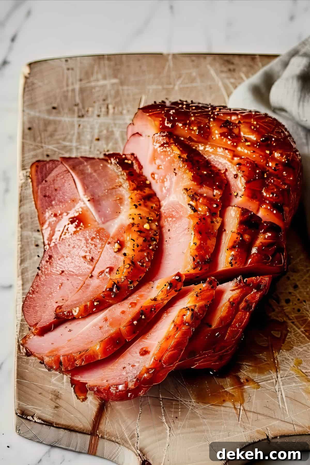 Honey-glazed gammon, also called ham, on a wooden cutting board.