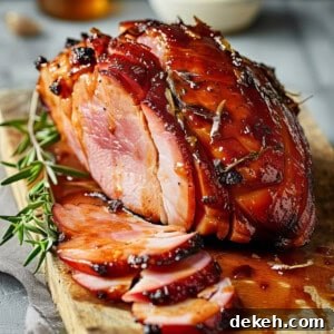 Honey-glazed gammon, also called ham, on a wooden cutting board.