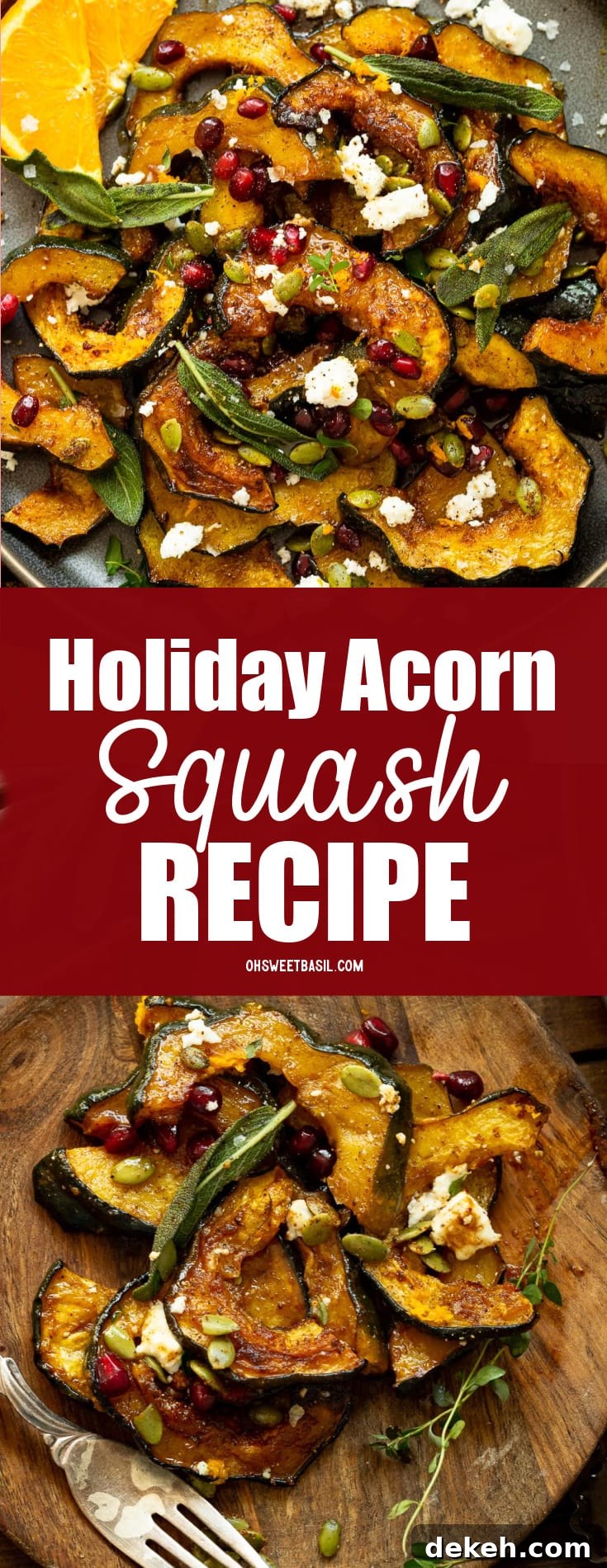 a photo of slices of roasted acorn squash topped with pomegranate seeds, feta, fried fresh sage, and fresh thyme.