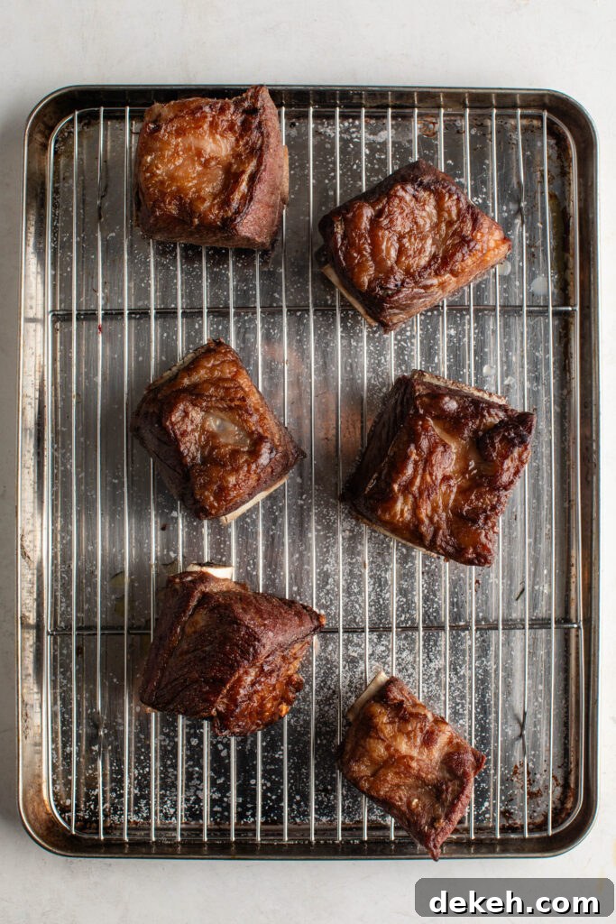 seared short ribs on a pan with a wire rack
