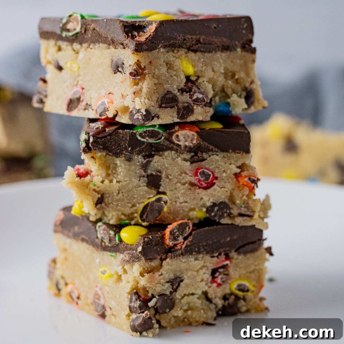 stack of no bake chocolate chip cookie dough bars