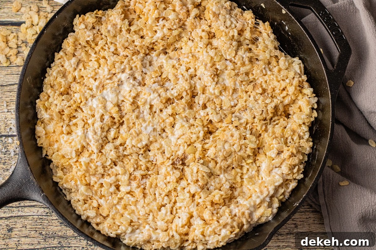 rice krispie treats made with toasted marshmallows in a cast iron skillet