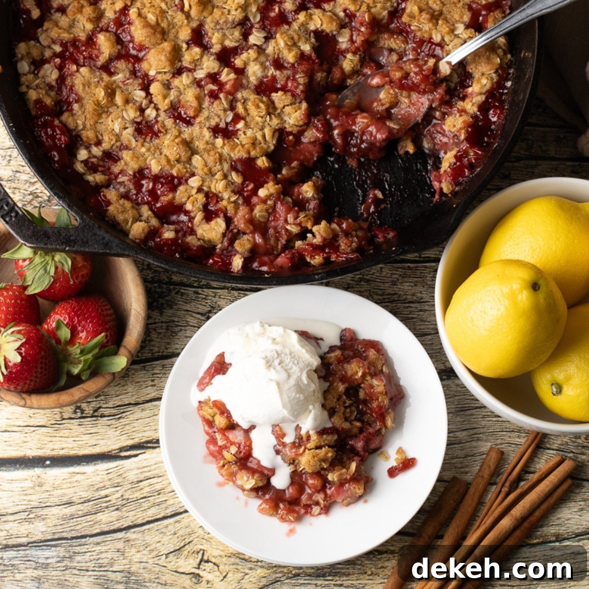 strawberry crumble recipe in a cast iron skillet