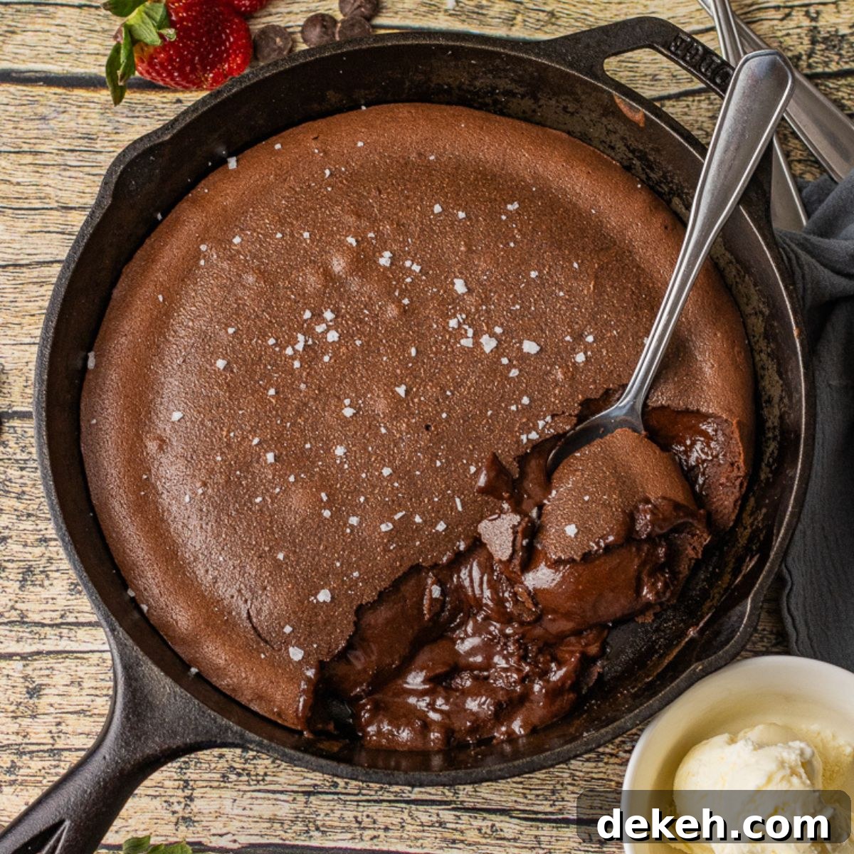 rich, chocolate lava cake in a cast iron skillet