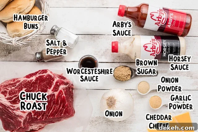 Ingredients for Arby's beef and cheddars on a table with text overlay.
