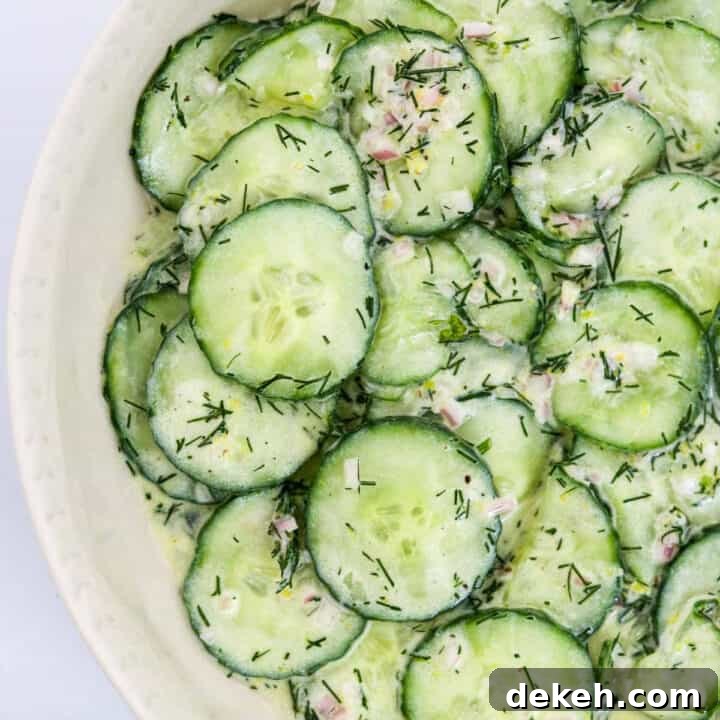 Close up of lemon cucumber salad (featured image).