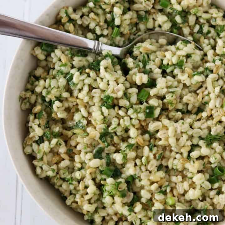 Barley salad with fresh herbs in a bowl with a spoon
