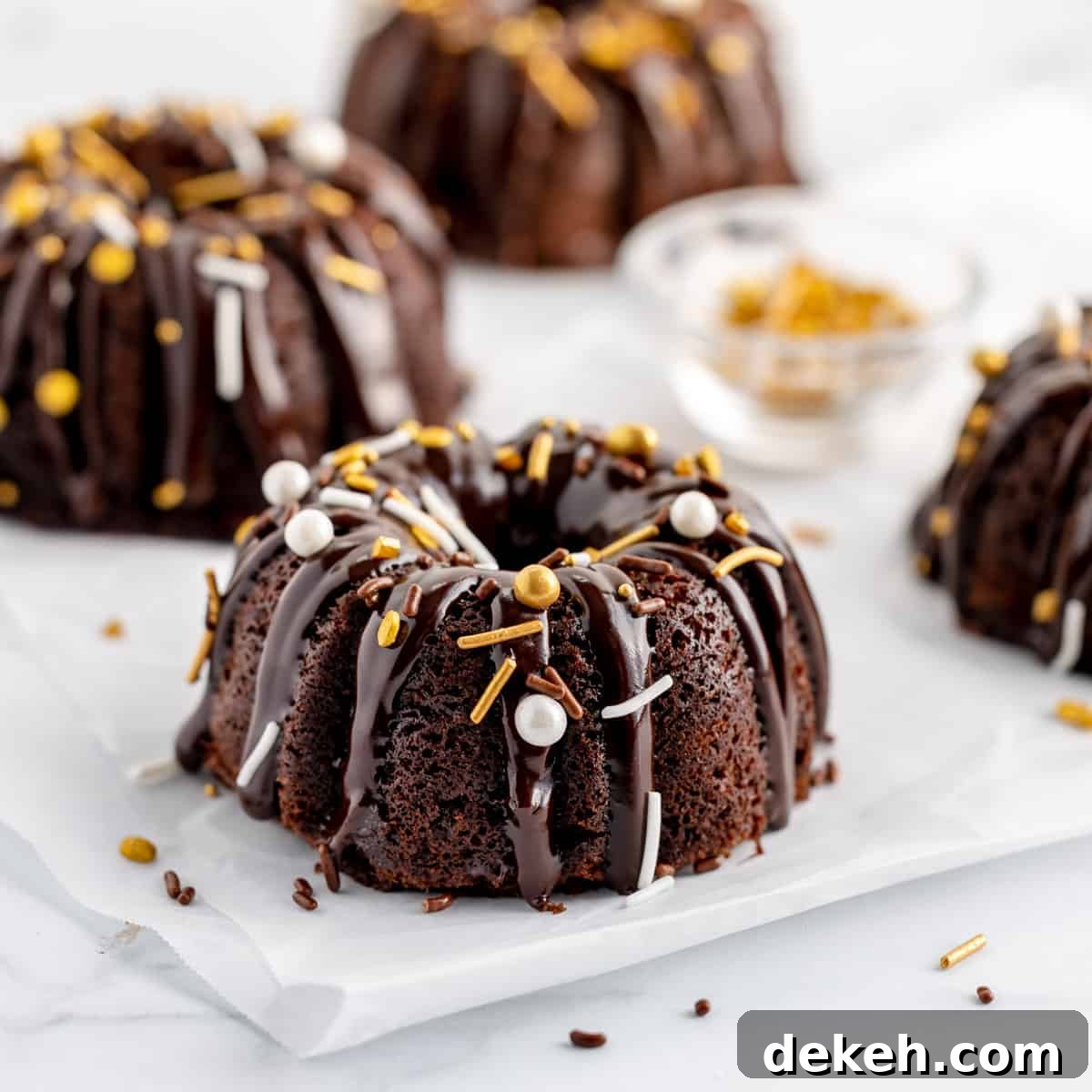 Mini chocolate bundt cakes on white paper, decorated with chocolate and gold sprinkles. Extra cakes and sprinkles in the background.