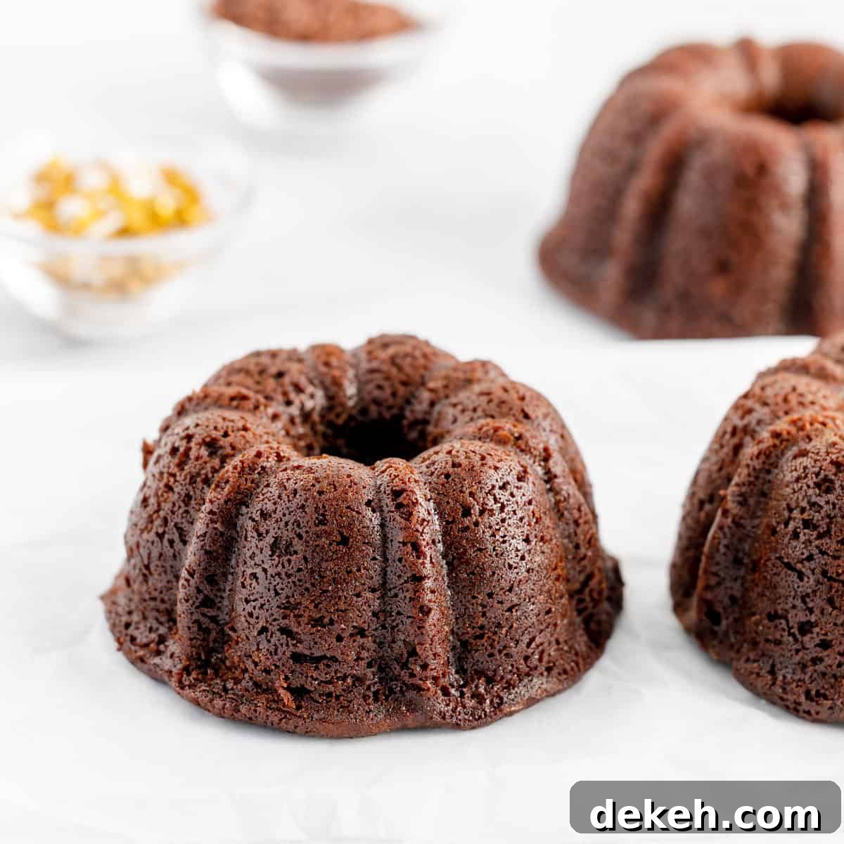 Baked mini bundt cake on white paper, no decorations. Other mini chocolate bundts off to the side.