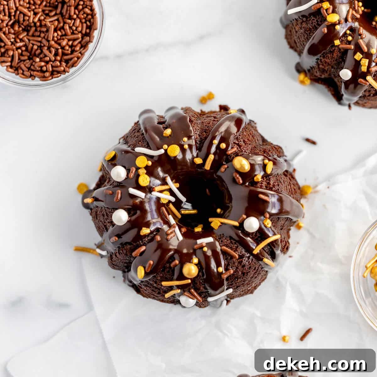 Top down view of a mini chocolate bundt cake.