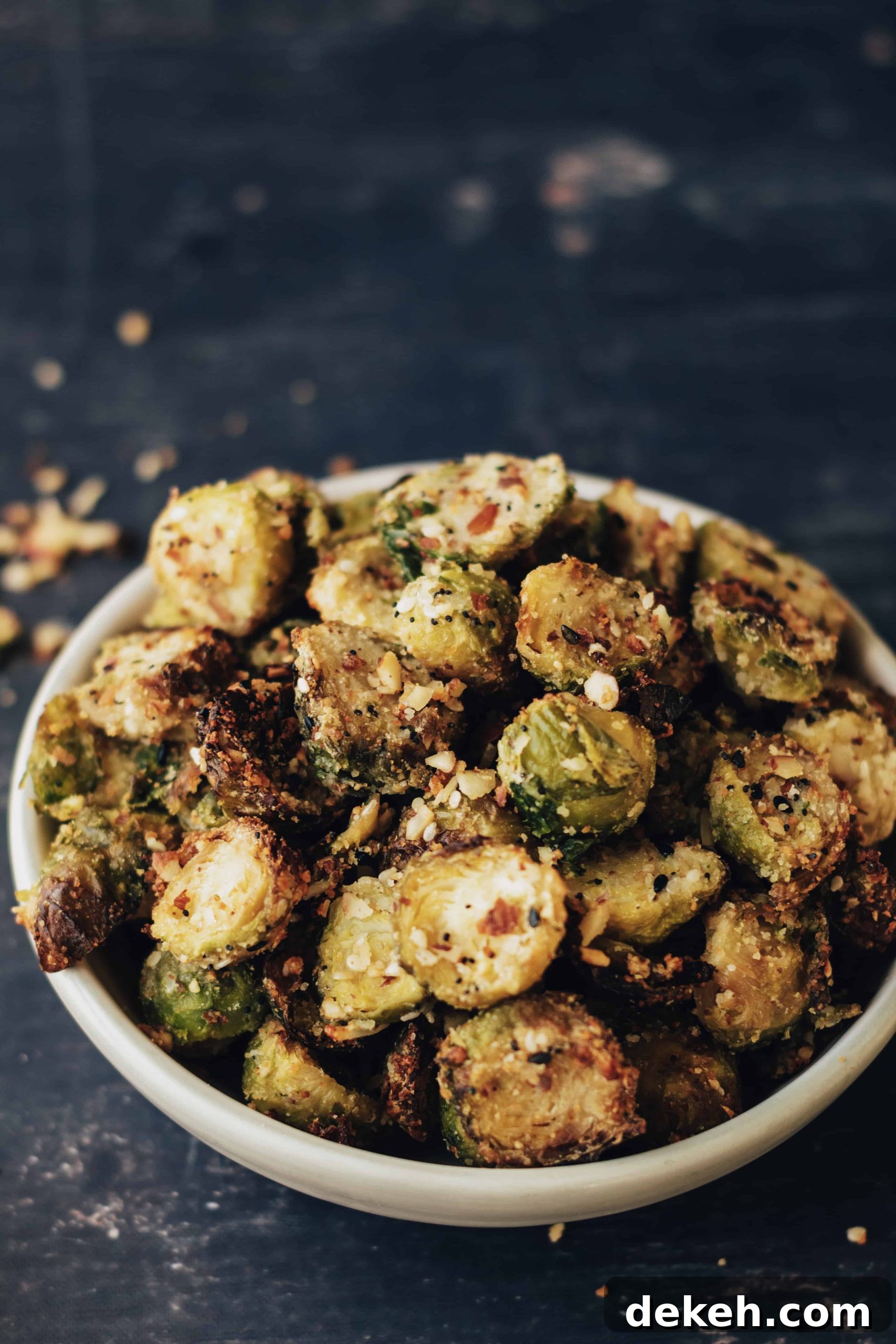 keto air fryer frozen brussel sprouts in bowl.