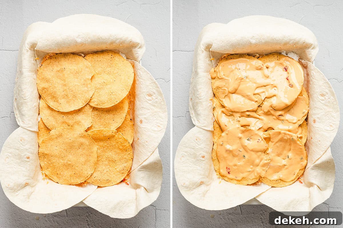 Side-by-side images: tostada shells layered over sour cream and tomatoes, then spread with creamy nacho cheese sauce.